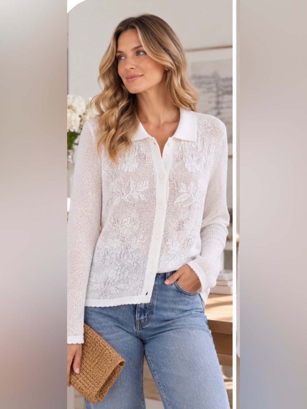 Anthropologie White Floral Pointelle Collared Cardigan Sweater Size xl